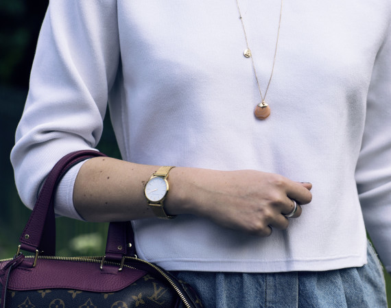 zara-denim-by-charlotte-skirt-burgundy-louis-vuitton-bag-gold-watch-celine-glasses