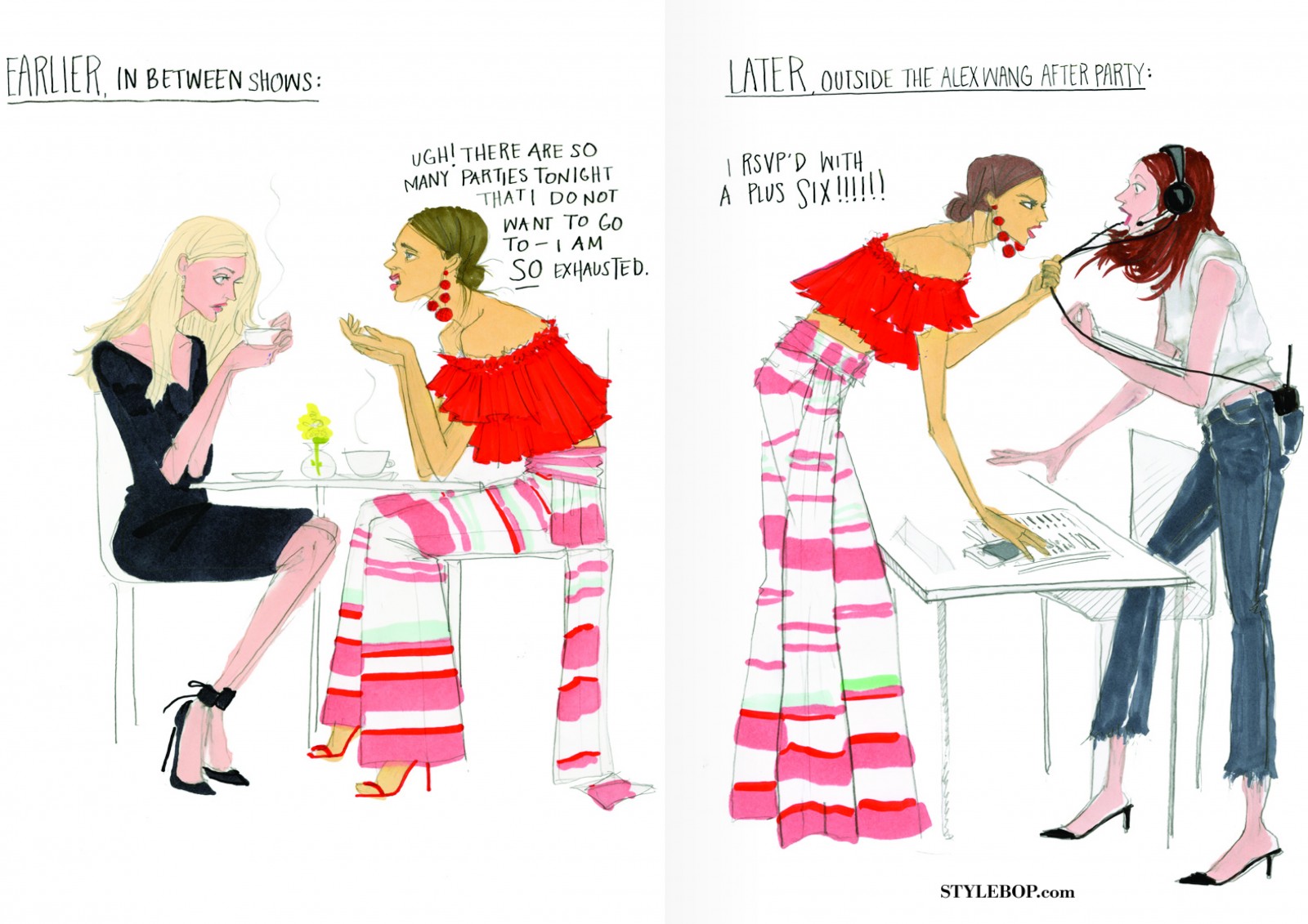 Illustration-get-into-parties-Guide-to-fashion-week-modek-off-duty